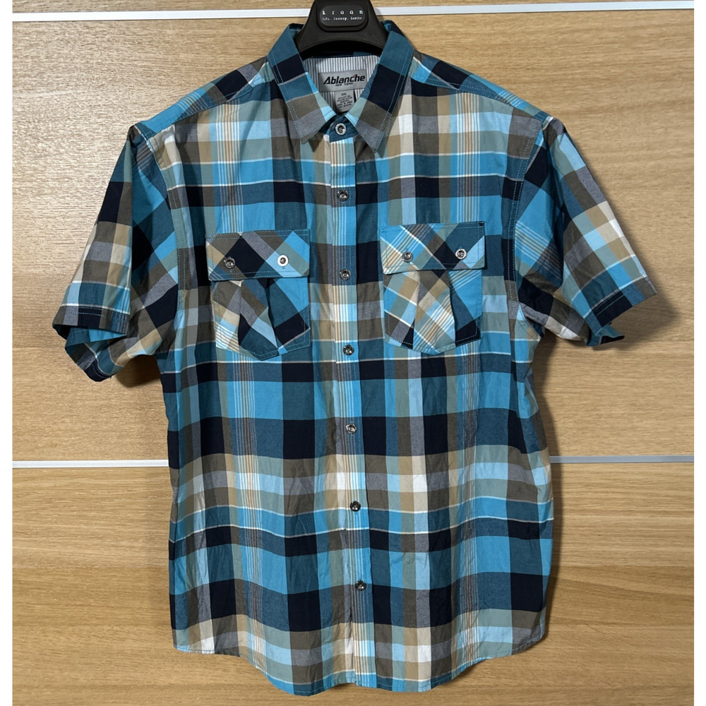 Ablanche NY Men's 2XL Multicolor Plaid Short Sleeve Button Down cotton blend